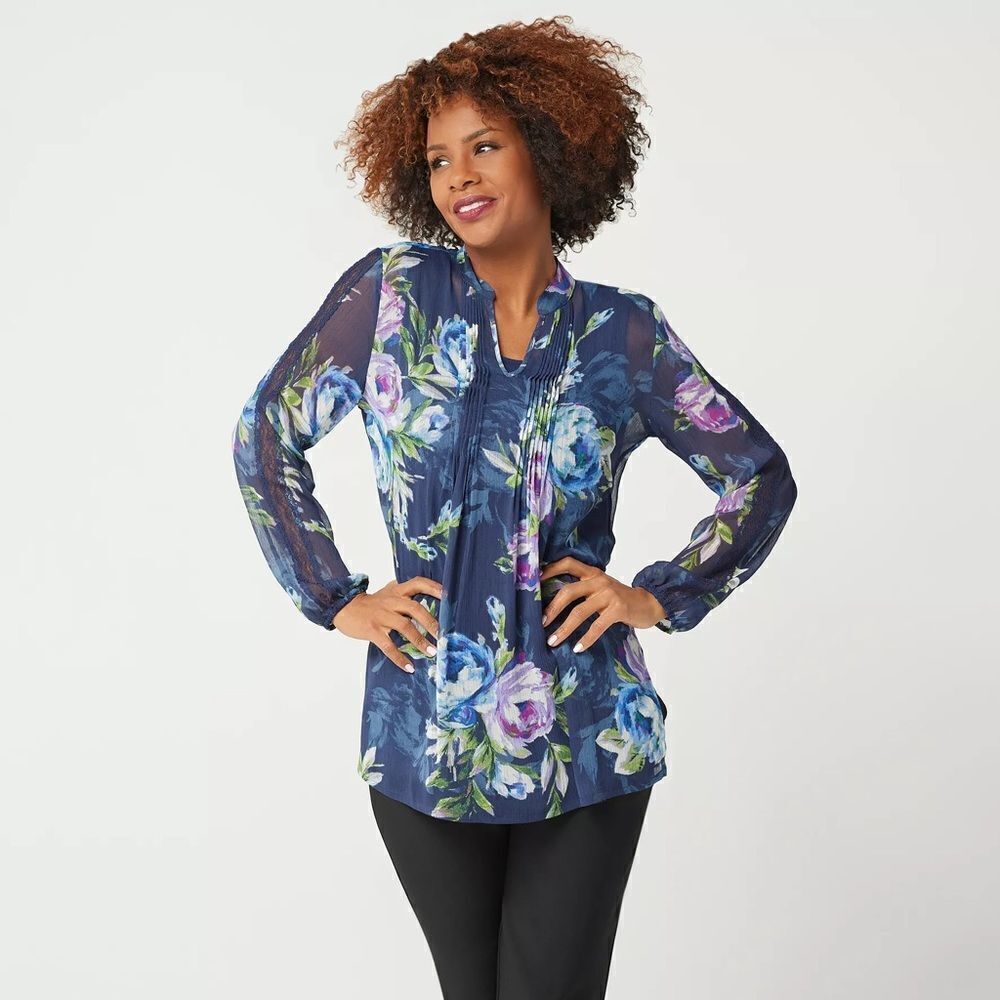Susan Graver Floral Print Lace Sheer Tunic Blouse Size XL
